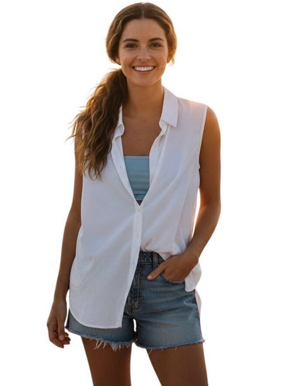 beachlunchlounge White Sleeveless Button-Down Shirt